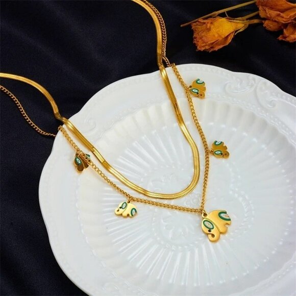 Color Drawing 5 Elephants Charm 2-Layer Choker Necklaces - Picture 3 of 6